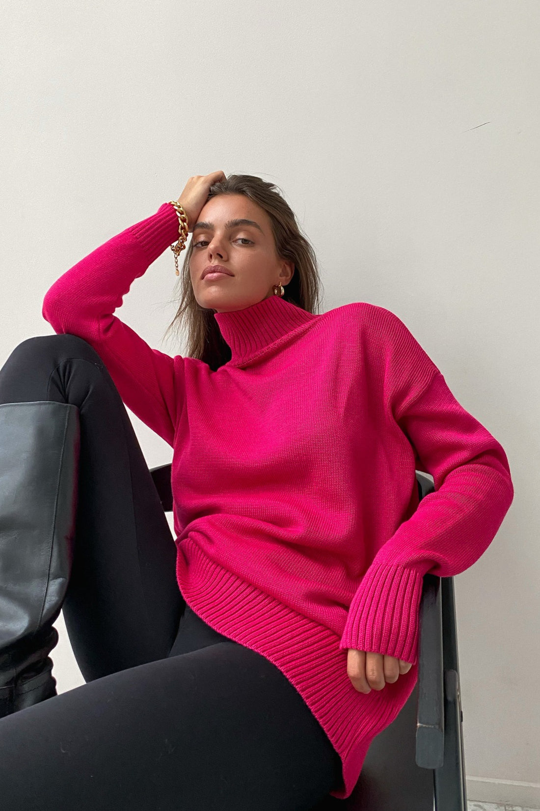 Relaxed Ribbed Turtleneck Knit Sweater