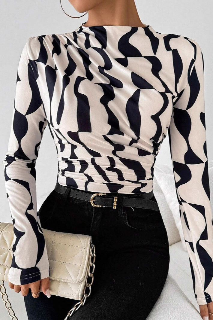 Abstract Wave Print Mock Neck Top