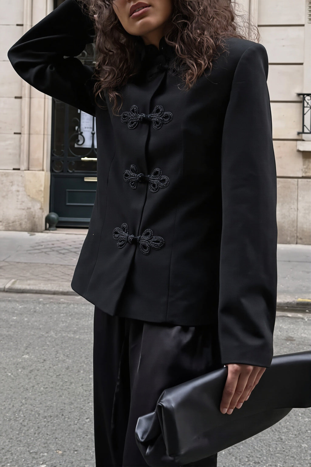 Mandarin Collar Frog Closure Blazer Jacket
