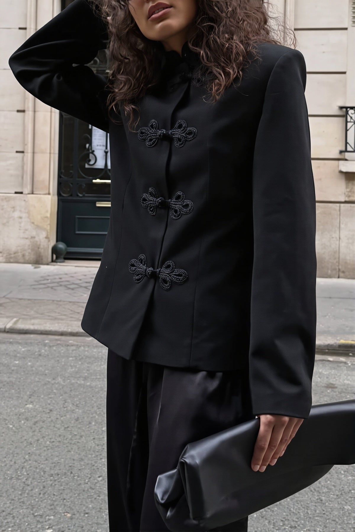 Mandarin Collar Frog Closure Blazer Jacket