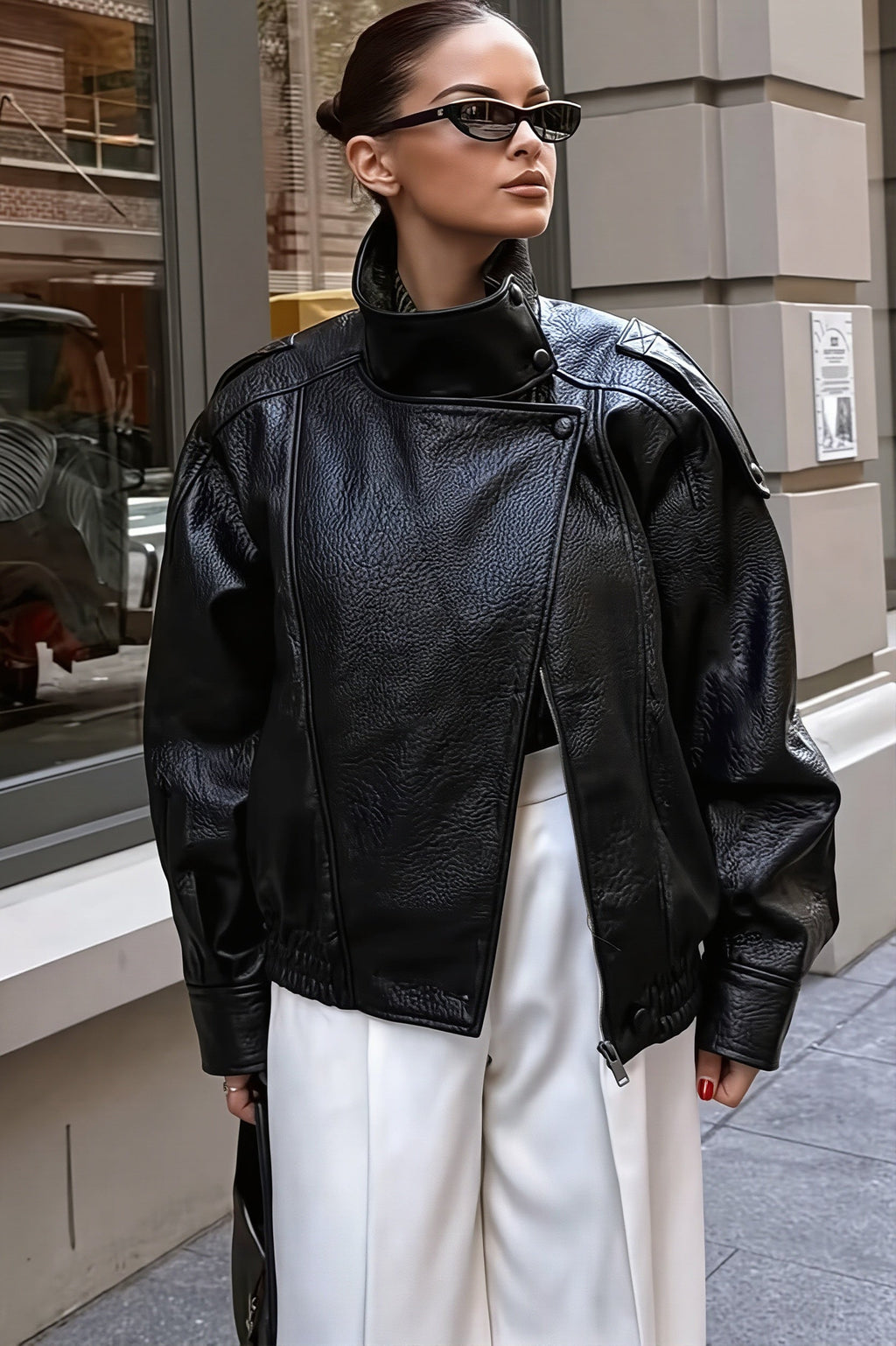 High Collar Epaulet Faux Leather Jacket