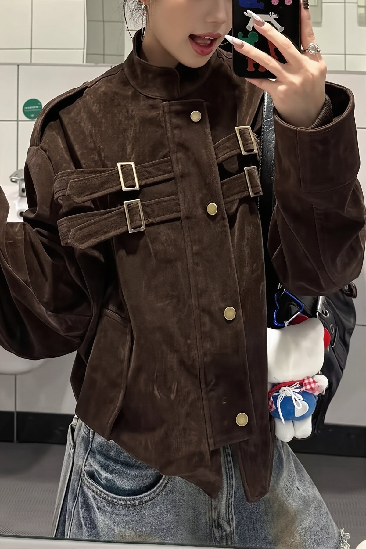 Buckle Pocket Stand Collar Suede Jacket