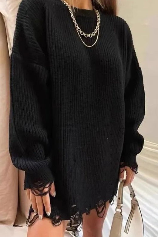 Distressed Longline Crew Neck Sweater
