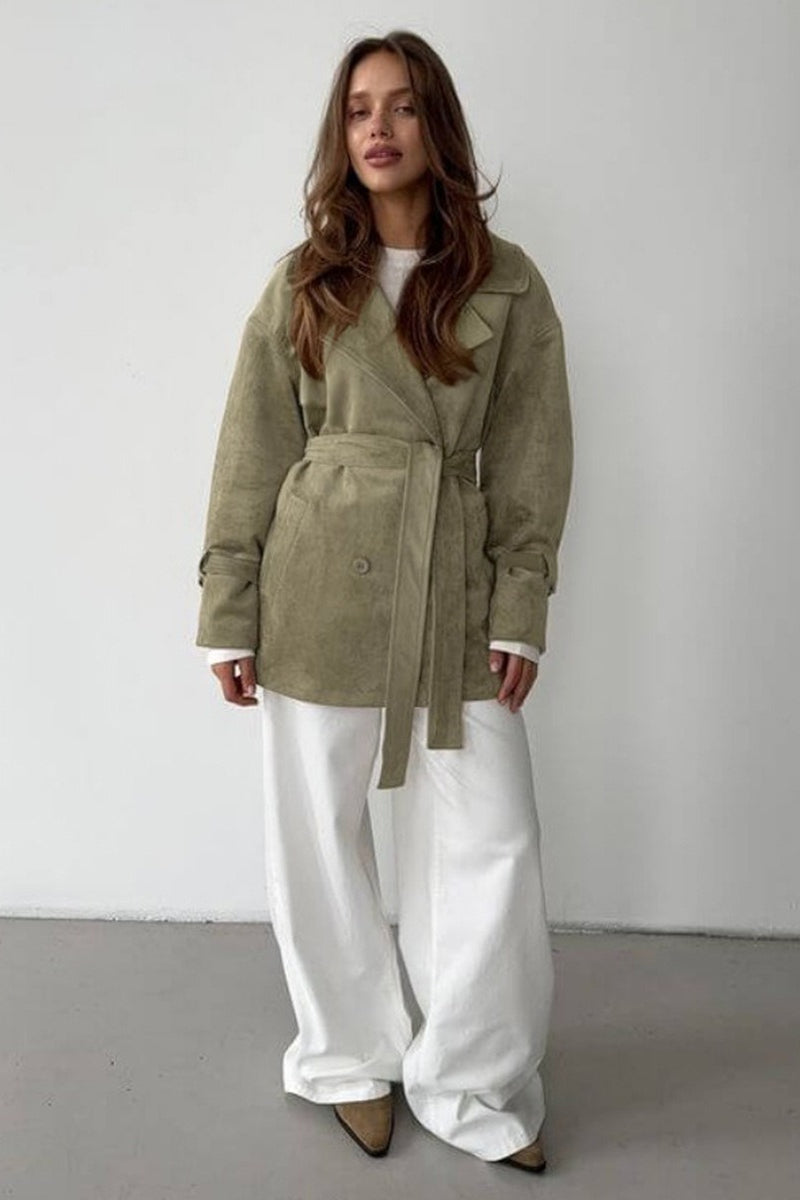 Faux Suede Belted Trench Coat