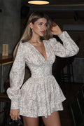 Vintage Elegant Floral V Neck Long Sleeve Mini Dress