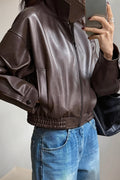 Relaxed Collared Zip Faux Leather Jacket