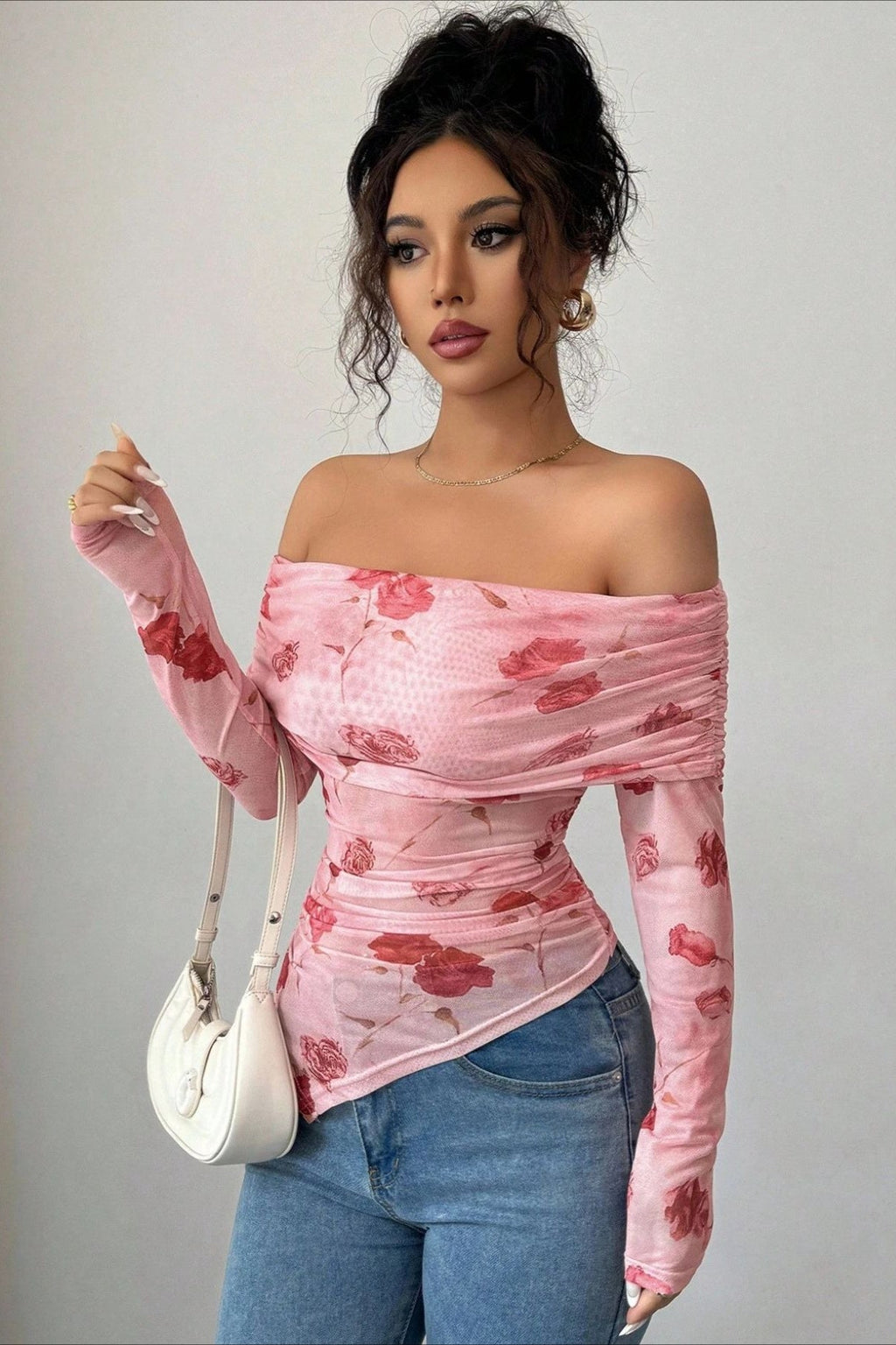 Floral Print Off Shoulder Ruched Top