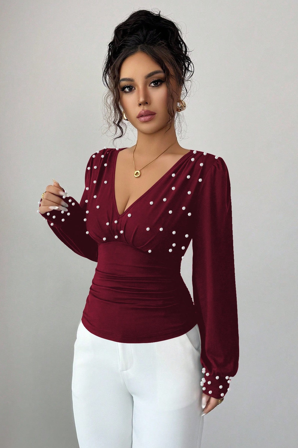 Pearl Studded Wrap V Neck Blouse