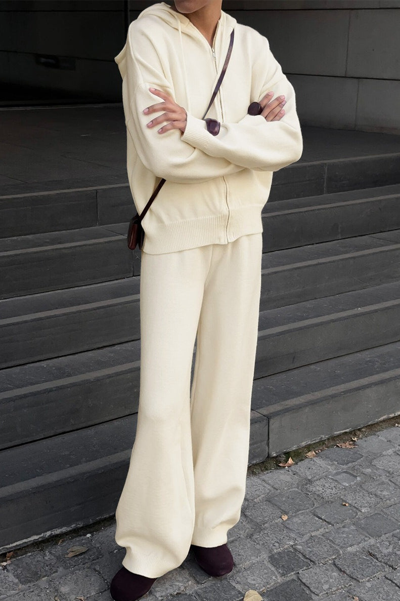 Hooded Zip Cardigan Wide Leg Pants Knit Set