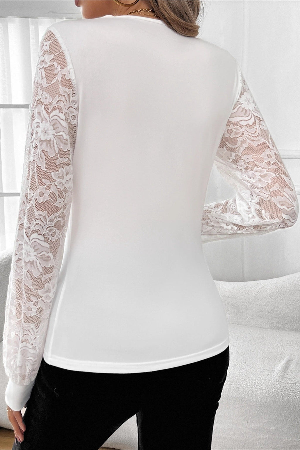 Rhinestone Lace Sleeve V Neck Top
