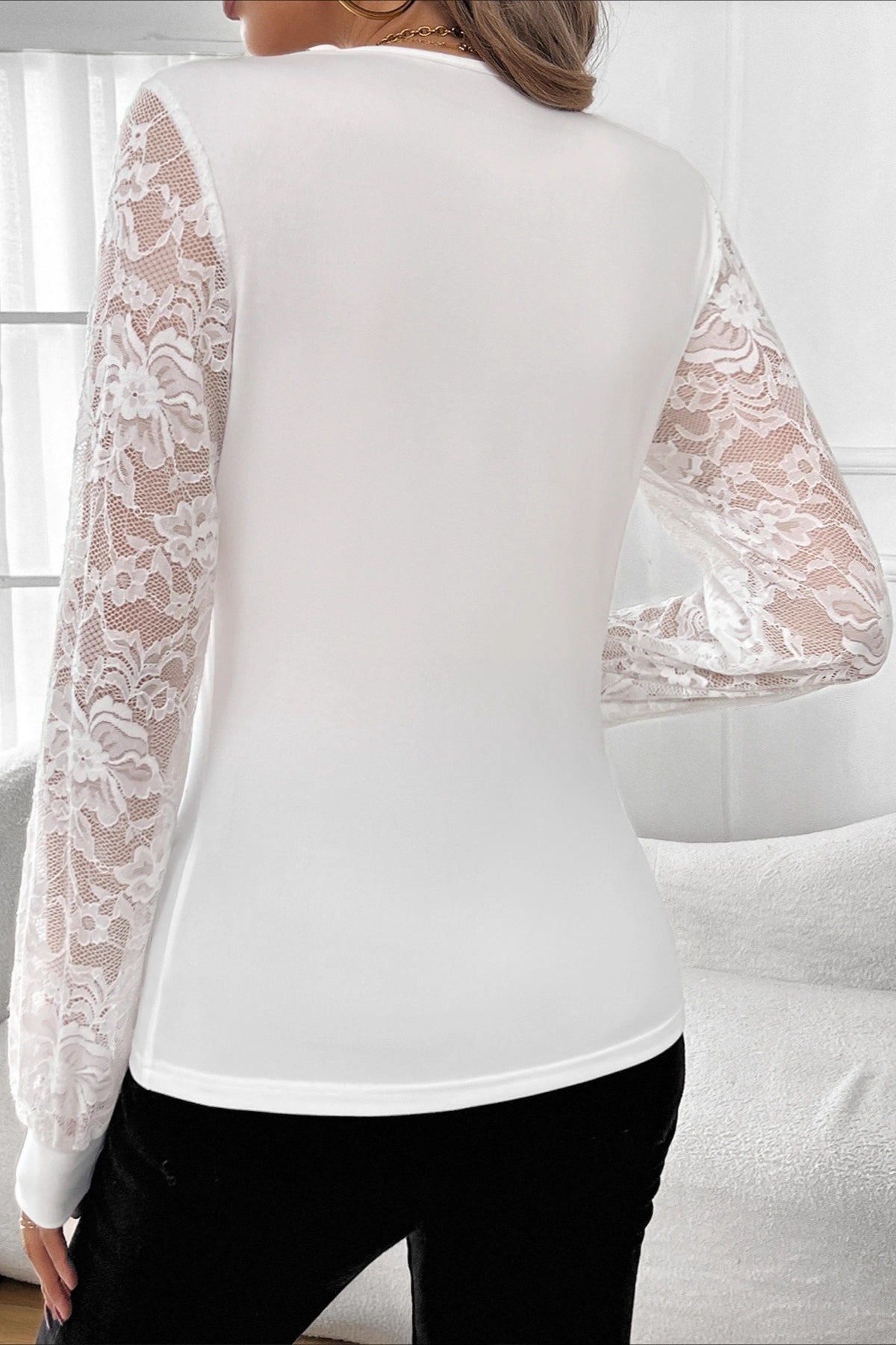 Rhinestone Lace Sleeve V Neck Top