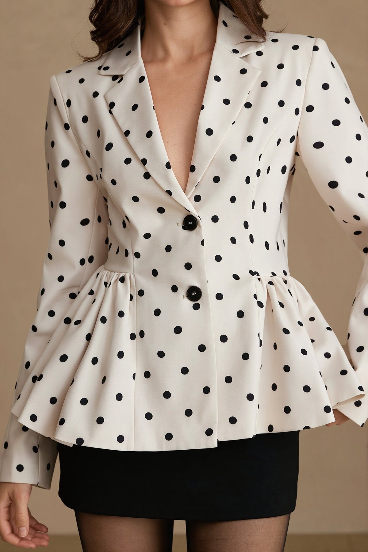 Polka Dot Gathered Waist Peplum Blazer