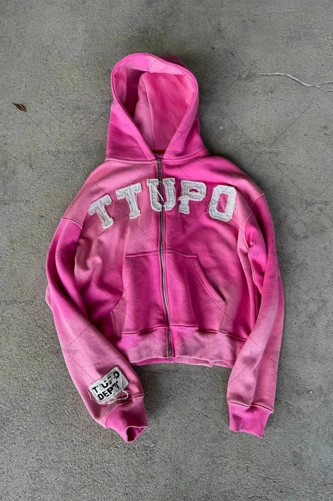 Letter Patch Zip Hoodie