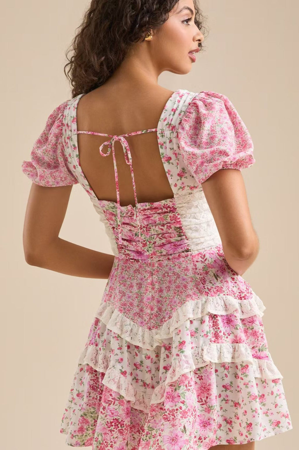 Floral Lace Patchwork V Neck Puff Short Sleeve Mini Dress
