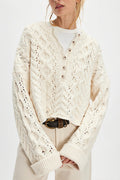 Button Detail Cable Knit Crew Neck Sweater