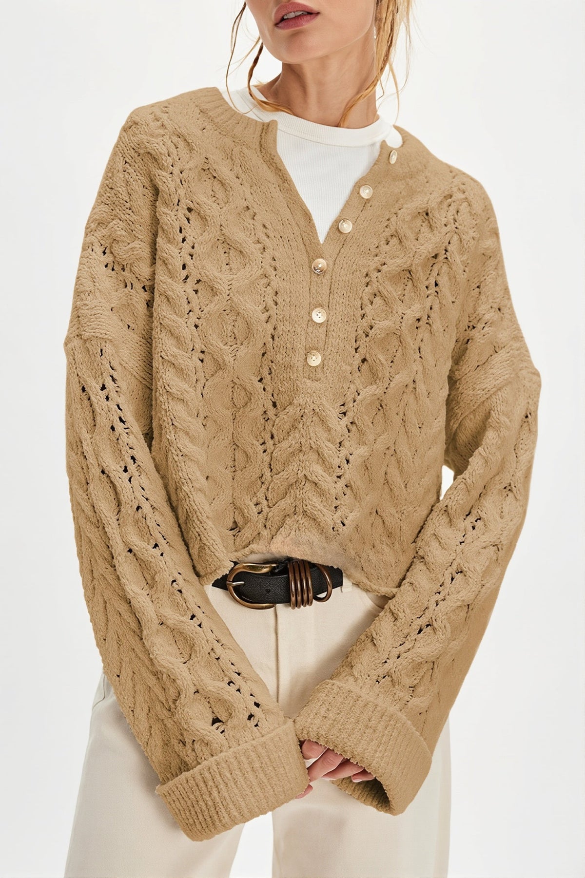Button Detail Cable Knit Crew Neck Sweater