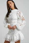 Solid Ruffle Hollow Lace Mini Dress