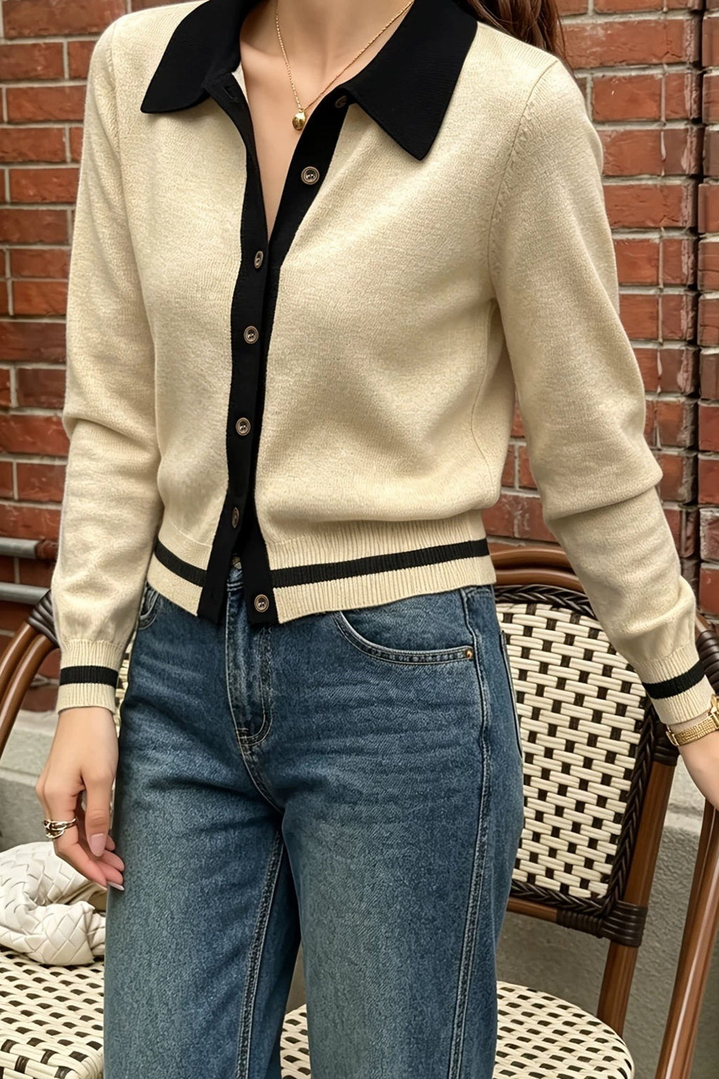 Contrast Point Collar Button Cardigans
