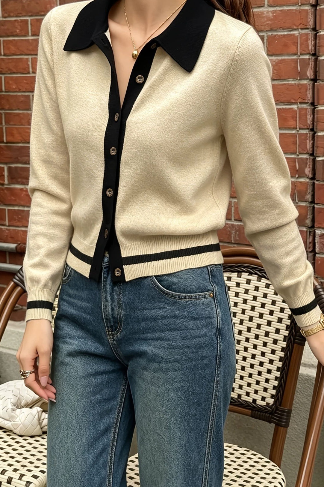 Contrast Point Collar Button Cardigans