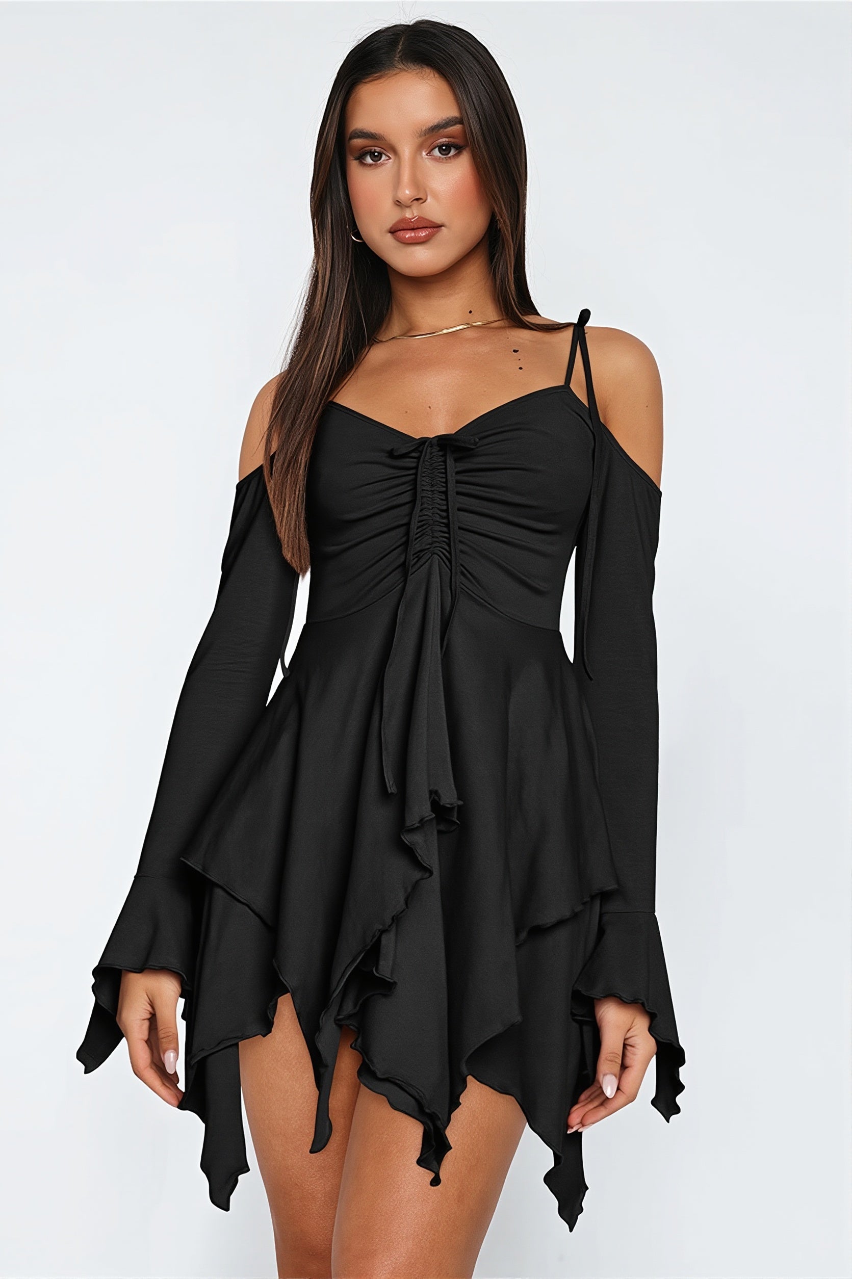 Asym Tie Front Long Sleeve Mini Dress