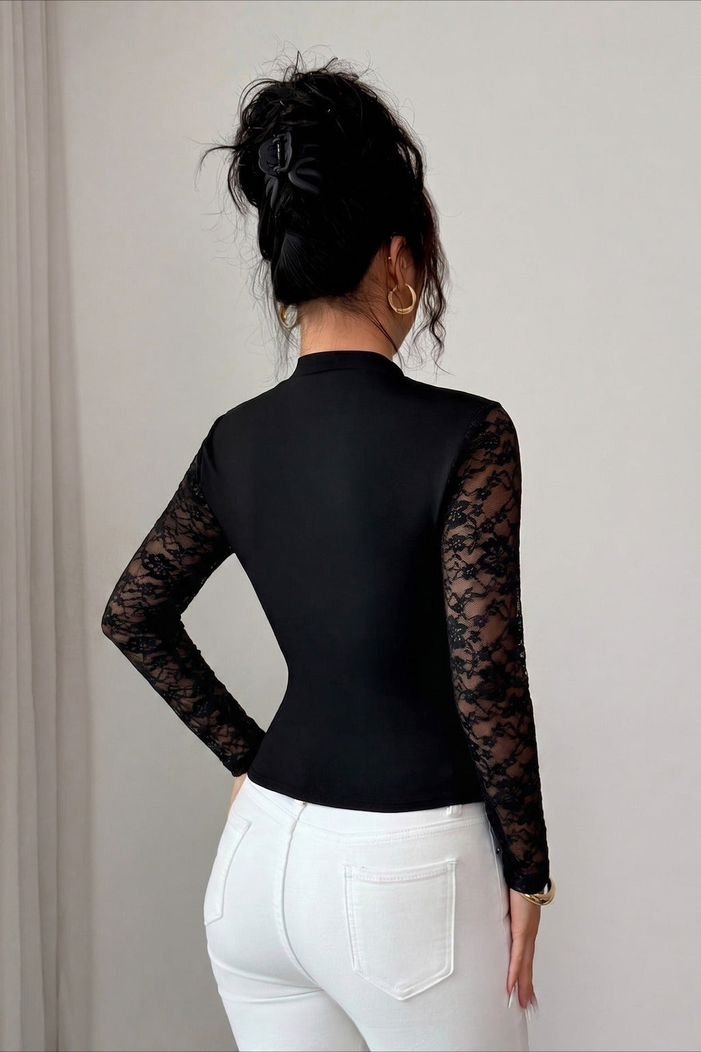 Lace Cutout Yoke Fitted Top