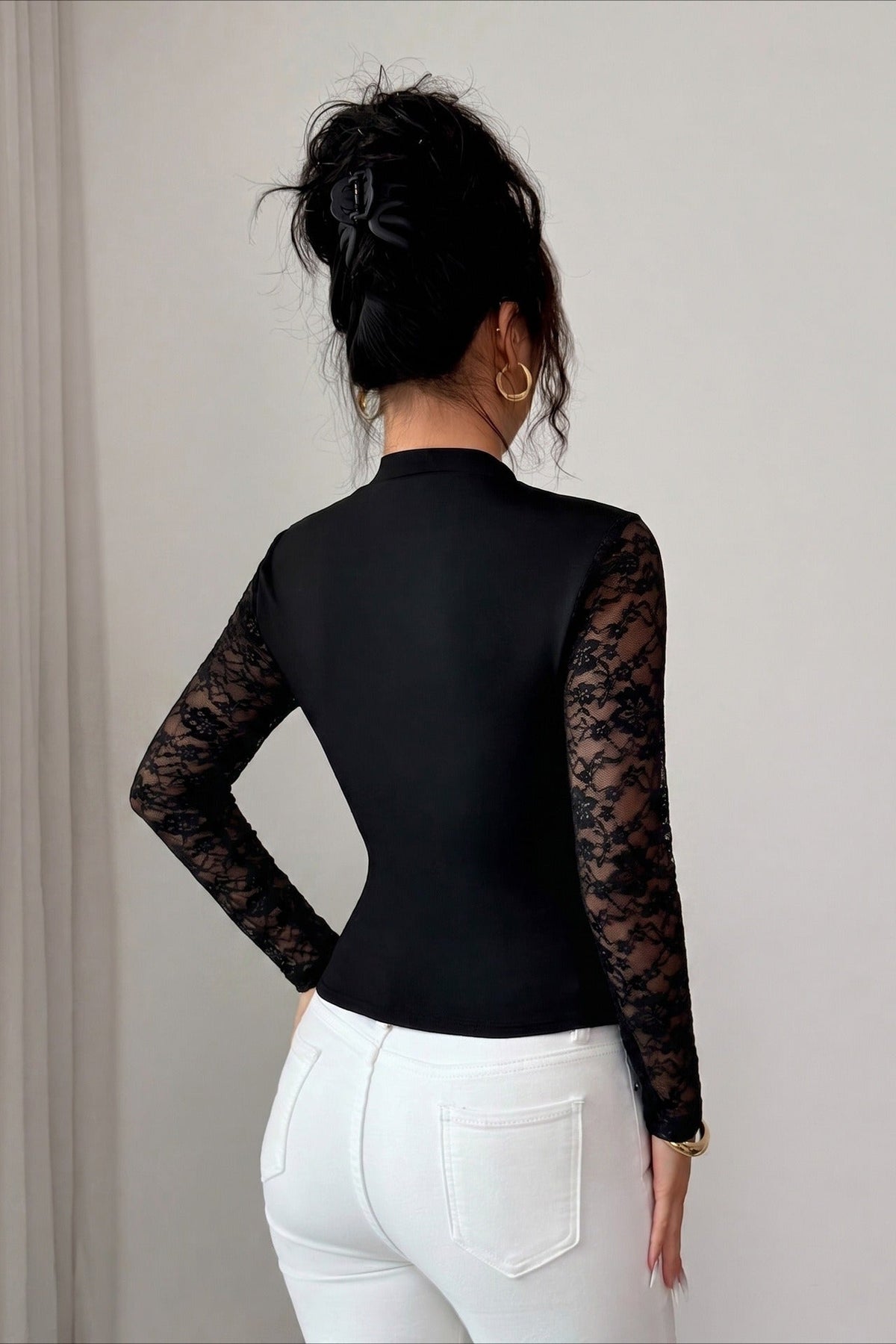 Lace Cutout Yoke Fitted Top