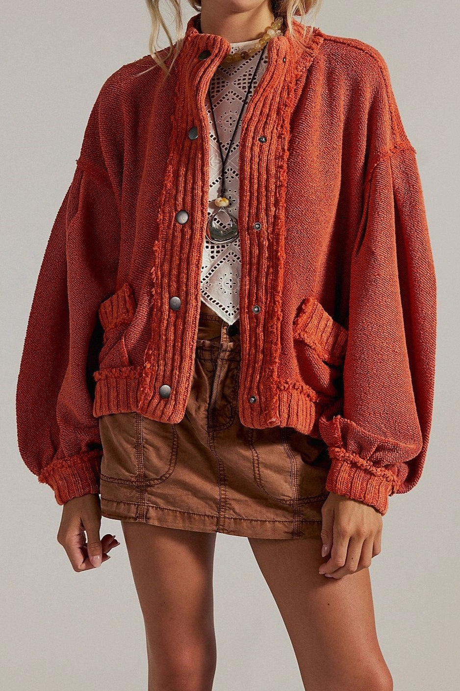 Chunky Funnel Neck Button Front Knit Cardigan