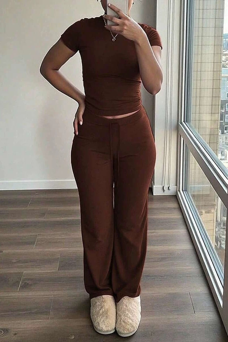 Fitted Short Sleeve Top Tie Waist Pants Set
