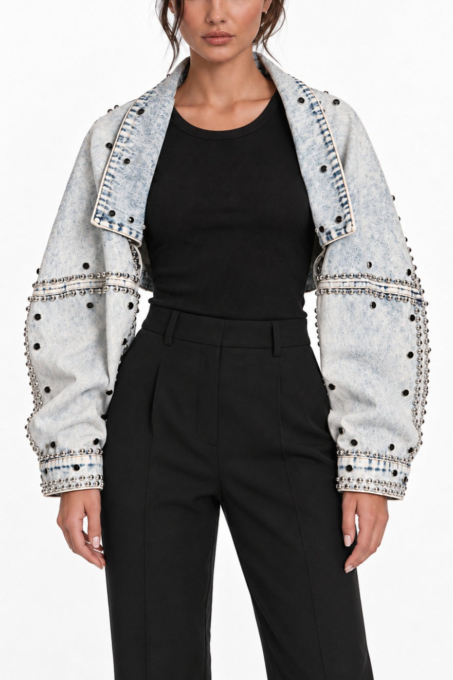 Rhinestone Studded Cropped Denim Jacket