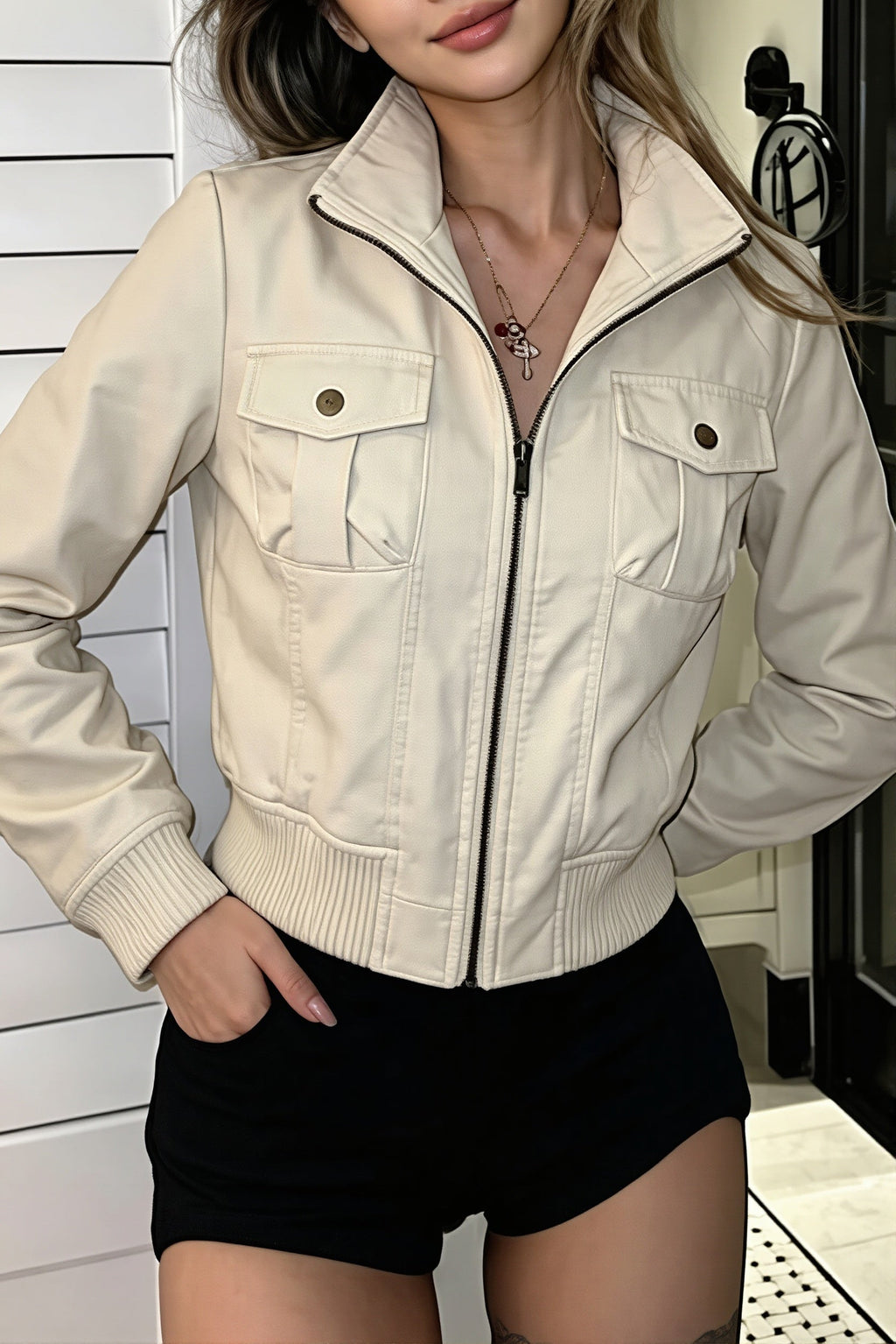 Cropped Zip Front Utility Bomber Jacket