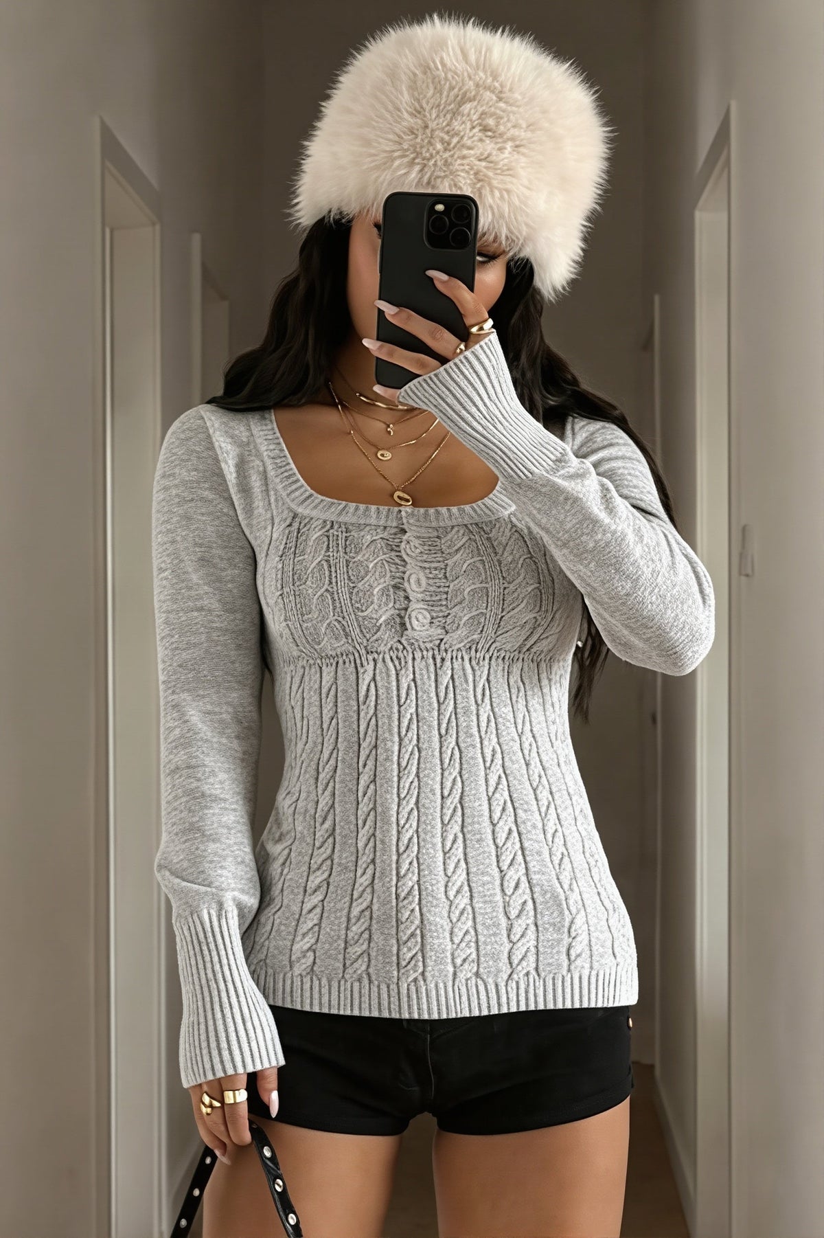 Square Neck Cable Knit Fitted Sweater
