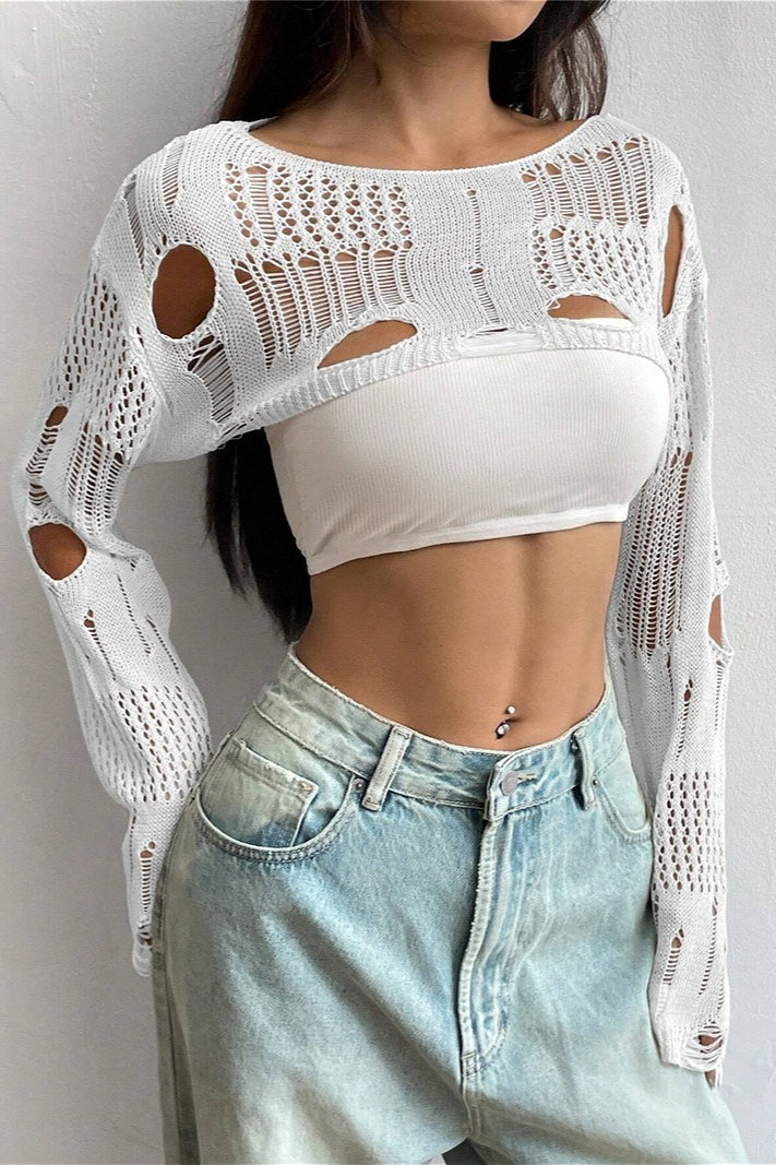 Distressed Open Knit Cropped Sweater