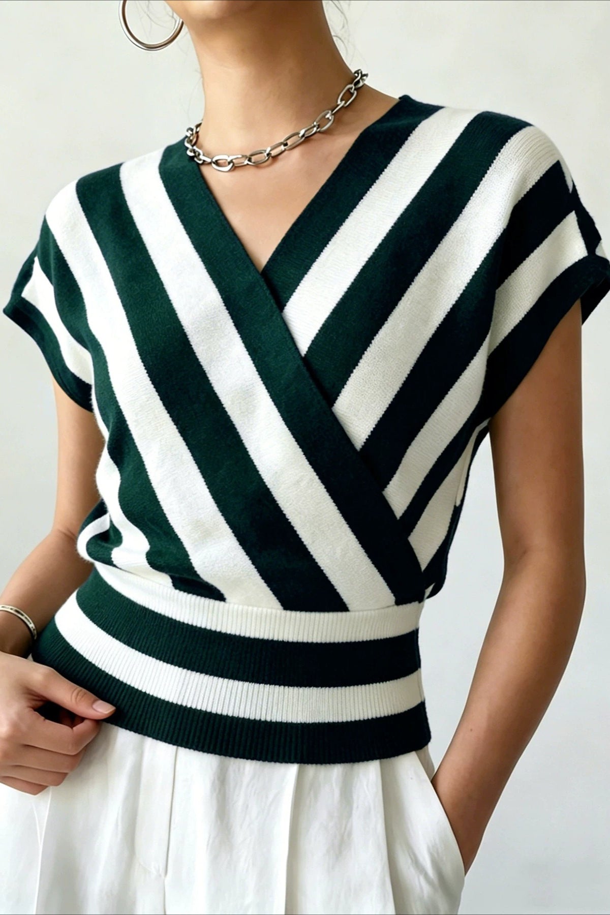 Striped Wrap Waist Short Sleeve Cardigans