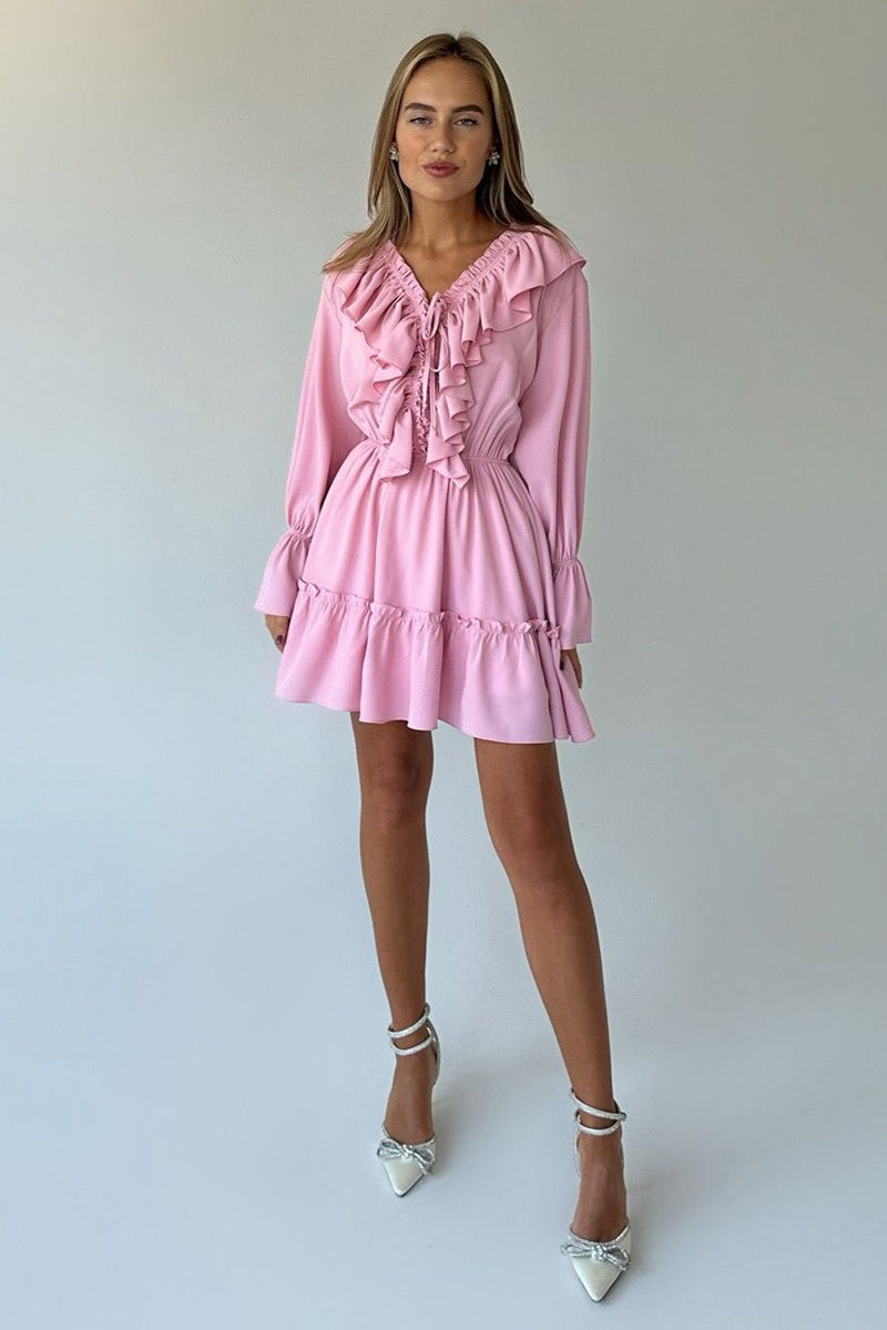 Chiffon V Neck Flared Sleeve Mini Dress