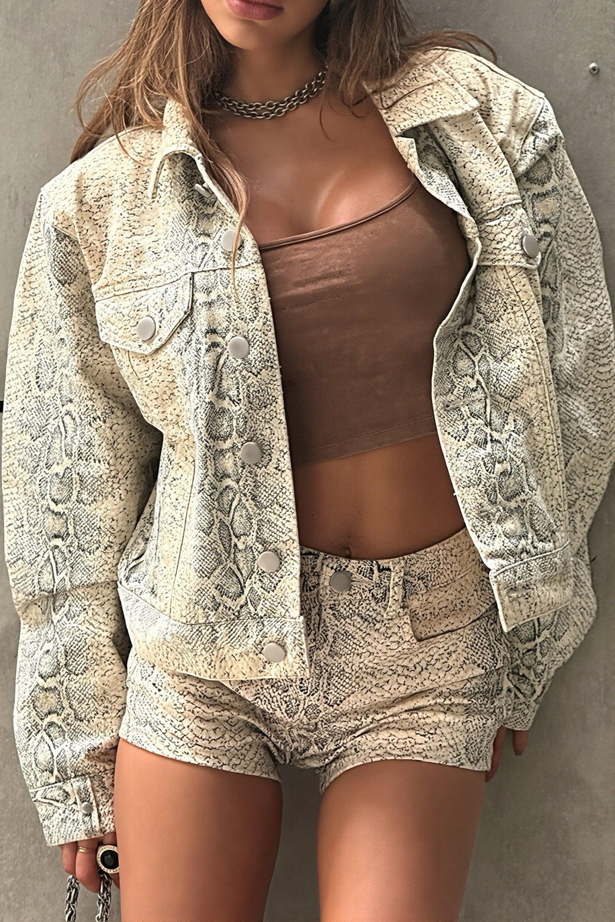 Snake Print Washed Cropped Jacket