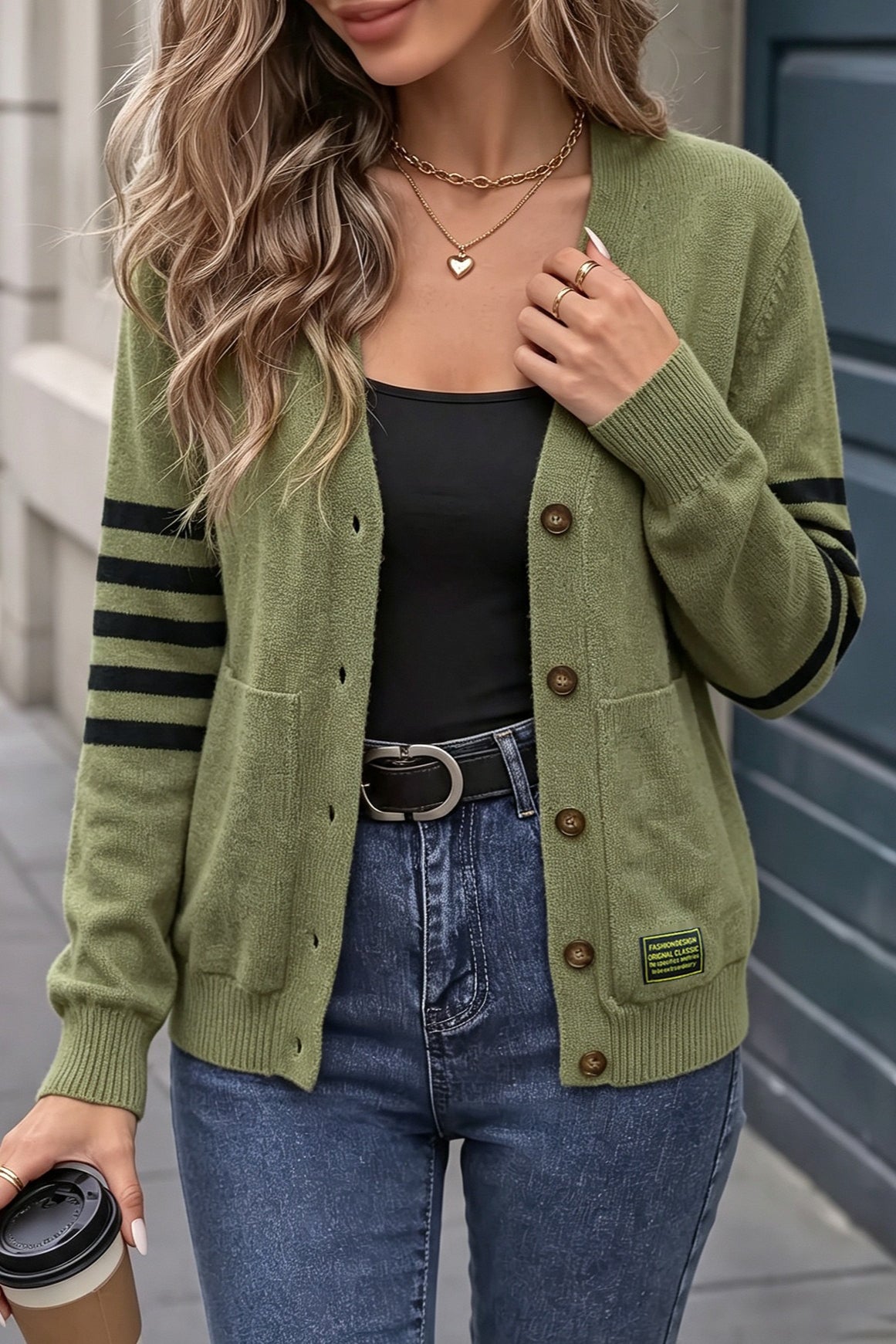 Olive Contrast Stripe Pocket Cardigans