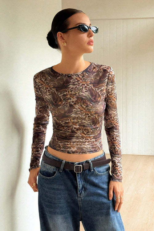 Abstract Leopard Print Mesh Top