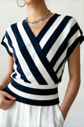 Striped Wrap Waist Short Sleeve Cardigans