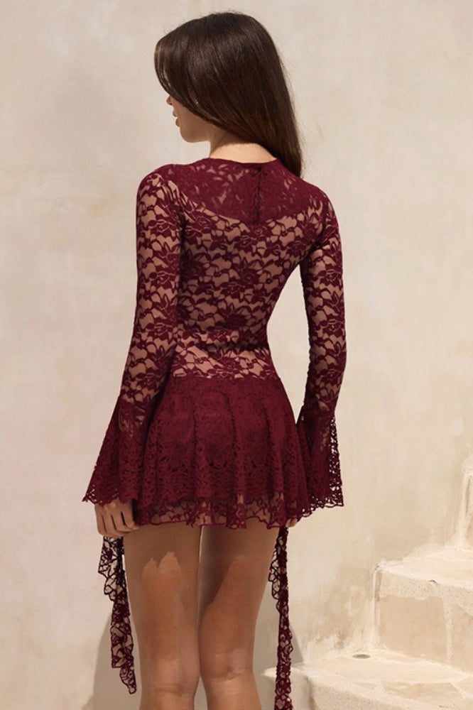 Lace Ruffle Tie Long Sleeve Mini Dress