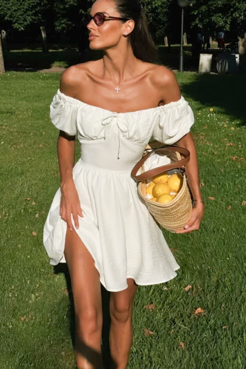 Off Shoulder Puff Sleeve Tie Mini Dress
