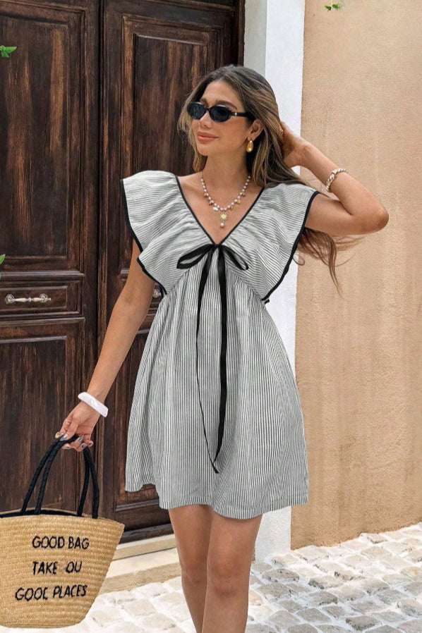 Striped V Neck Ruffle Flutter Sleeve Mini Dress