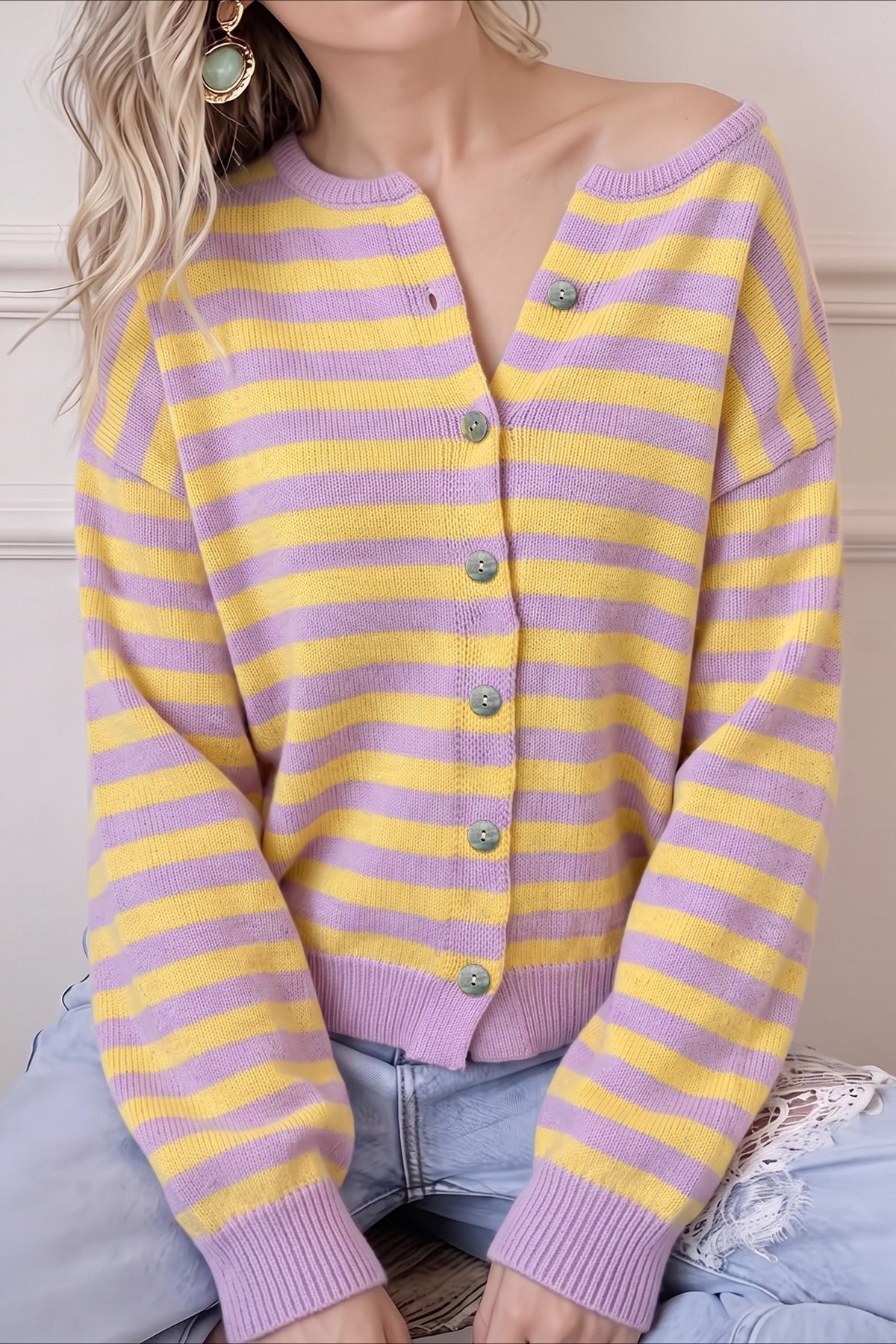 Lavender Yellow Stripe V Neck Cardigans