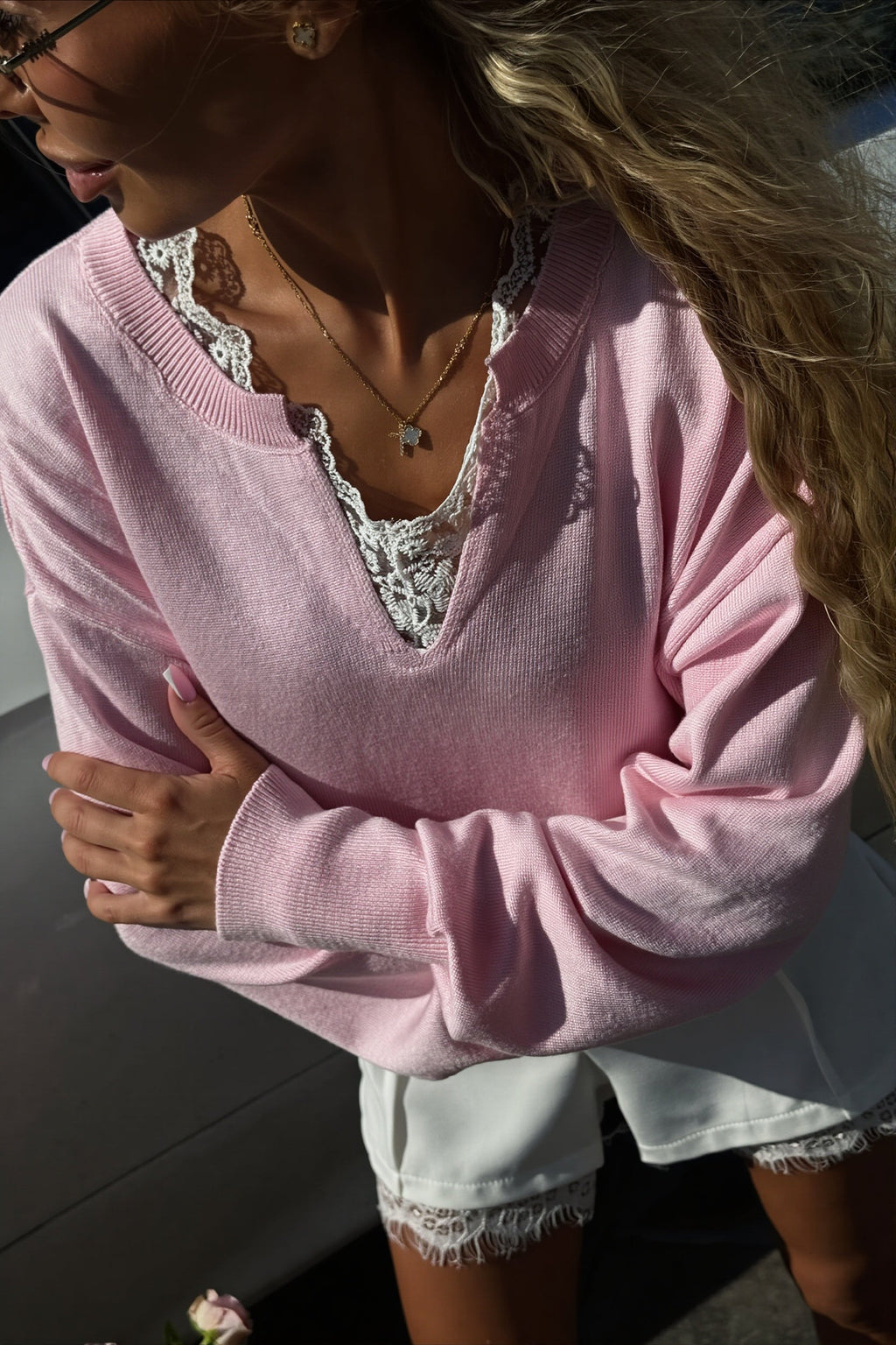 Lace Trim V Neck Relaxed Sweater