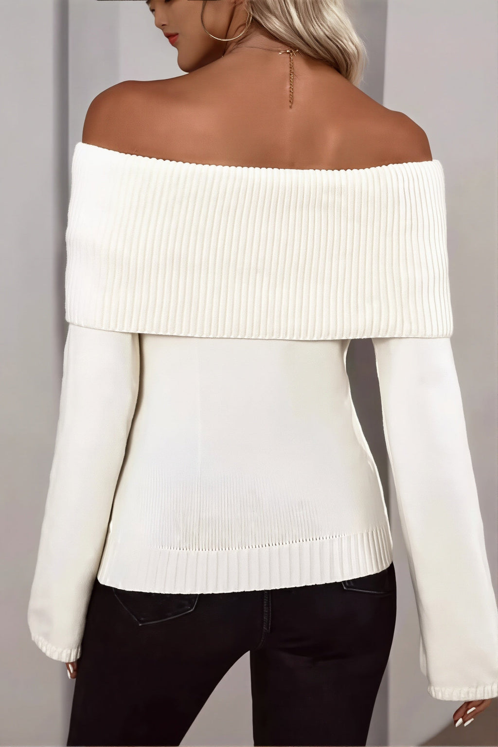 Foldover Off Shoulder Ribbed Fitted Sweater