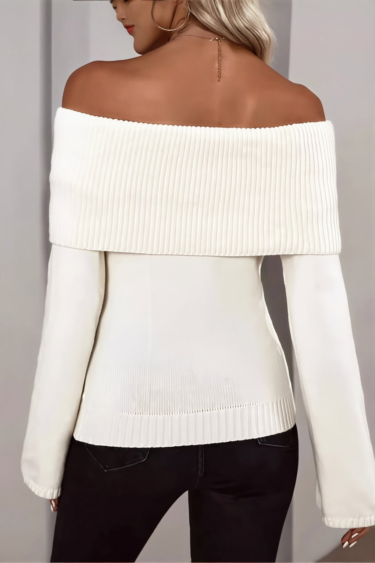 Foldover Off Shoulder Ribbed Fitted Sweater