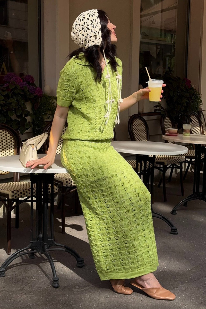Openwork Polo Knit Top Maxi Skirt Set