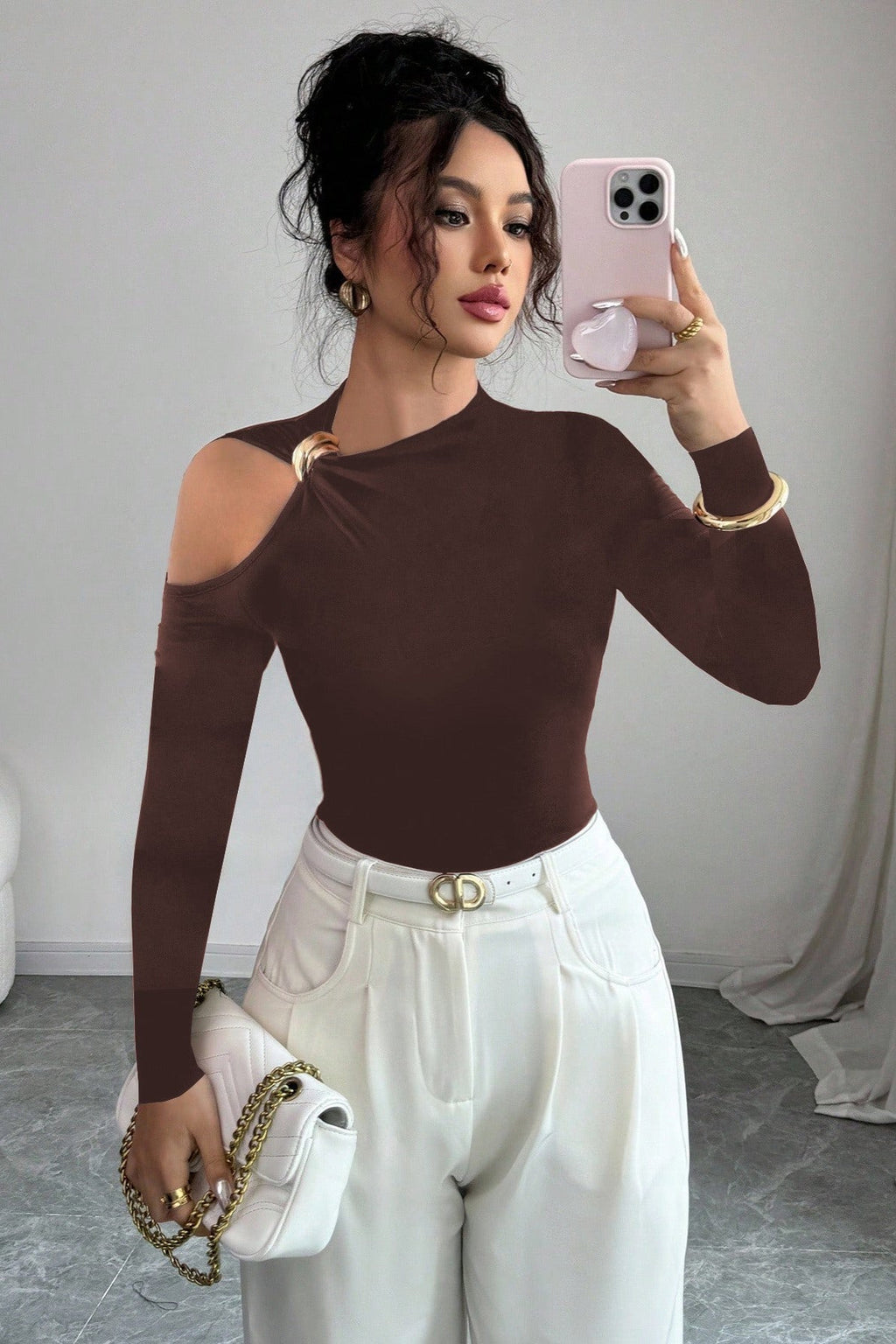 One Shoulder Metal Accent Cutout Top