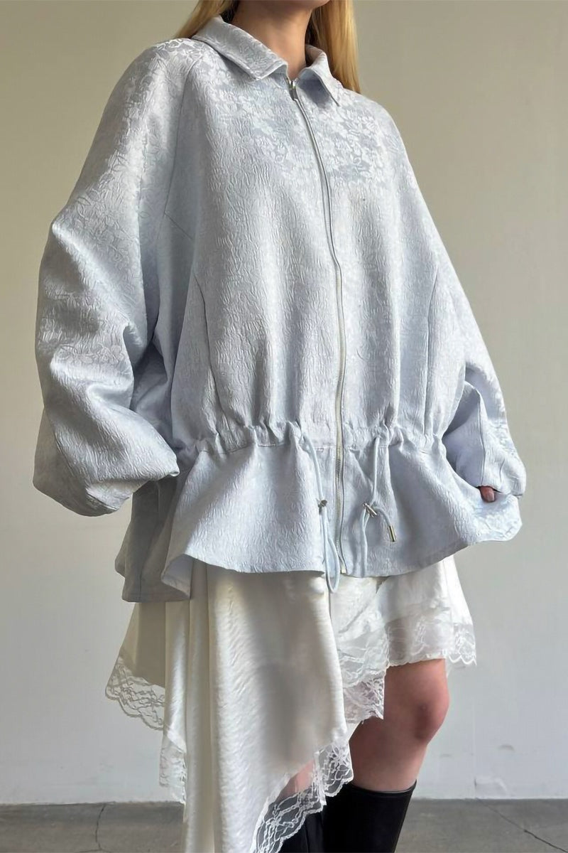 Jacquard Peplum Drawstring Zip Jacket