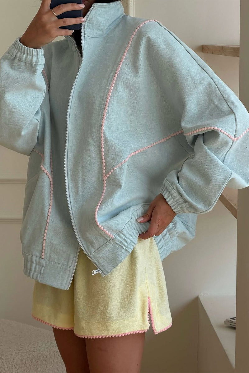 Contrast Trim Stand Collar Zip Bomber Jacket