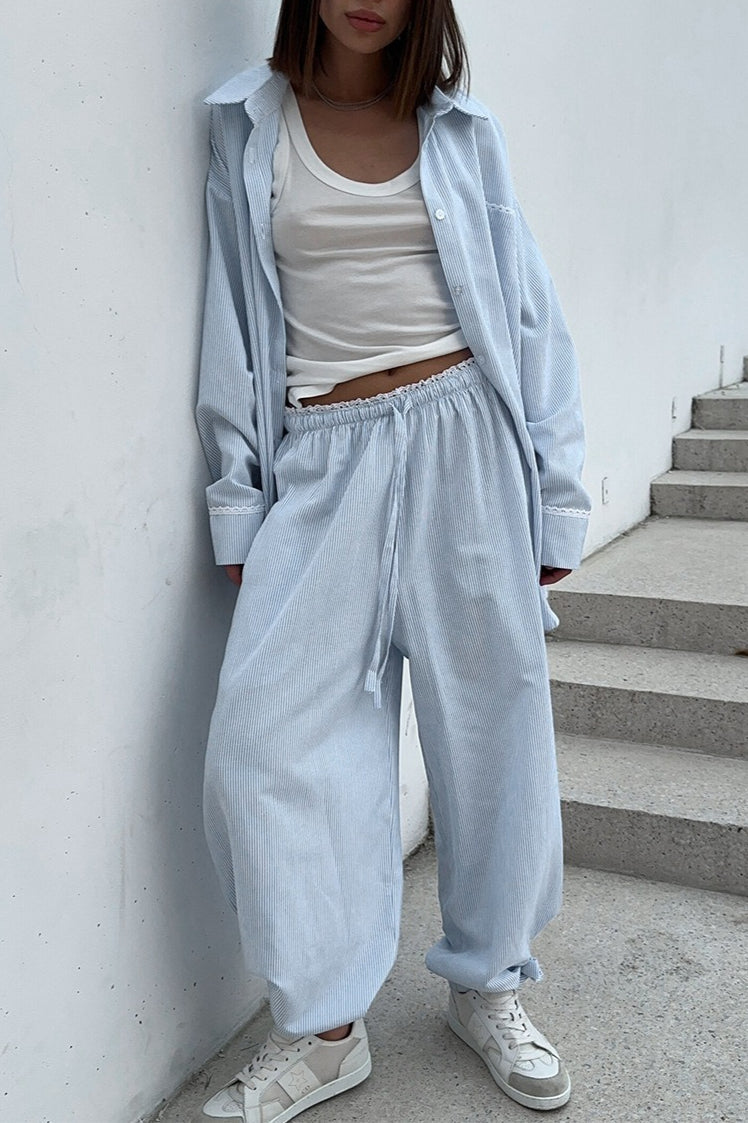 Striped Button Shirt Tie Waist Pants Set